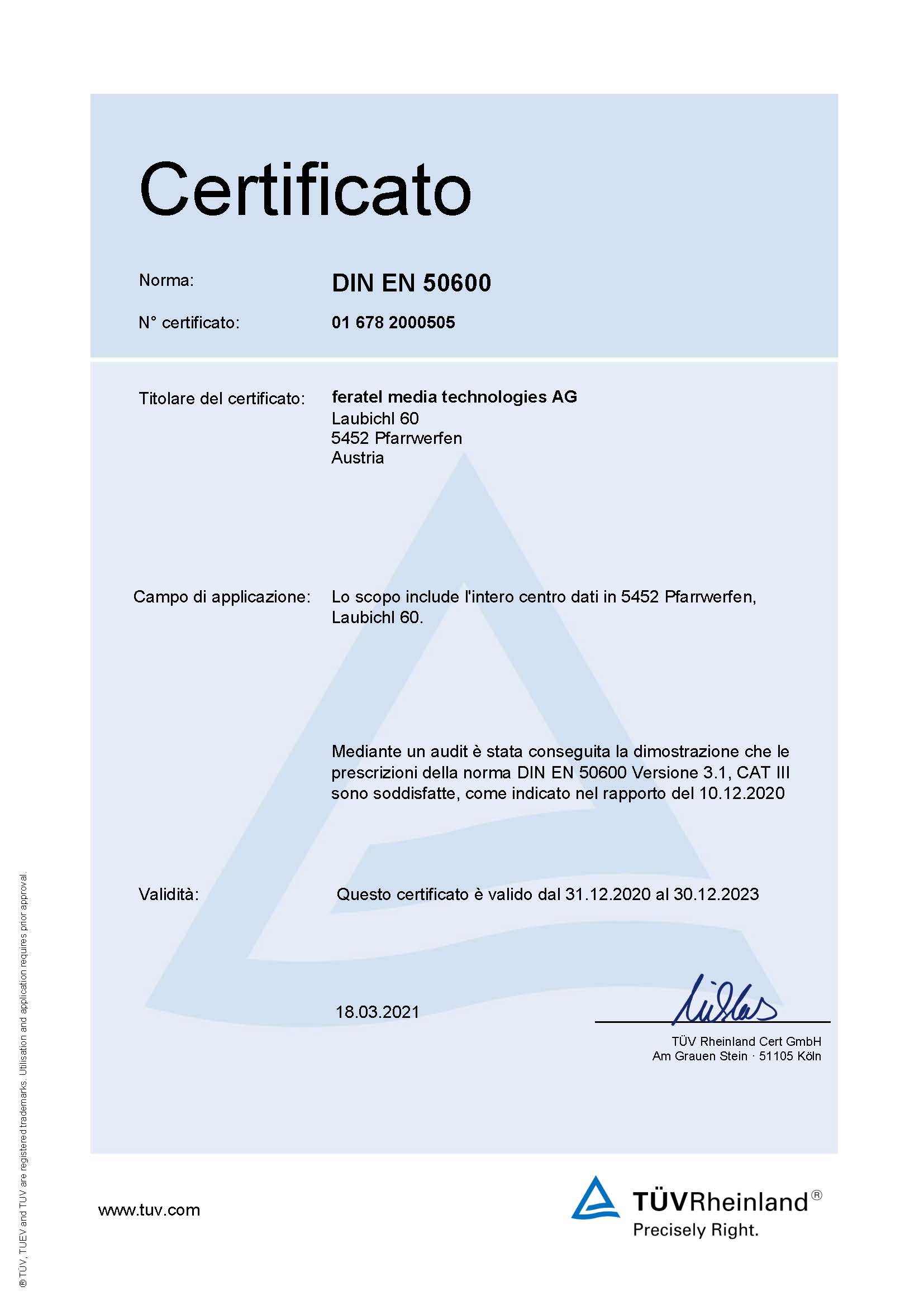 certificato DIN EN 50600